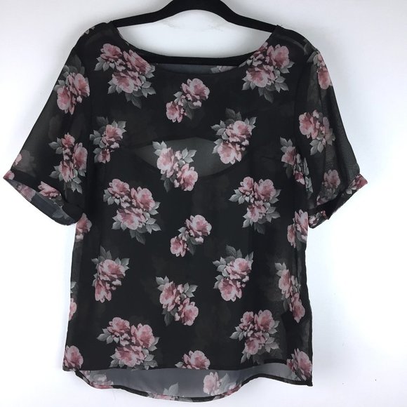 🌵3/$15 H&M Black Floral Chiffon Top - Picture 2 of 6